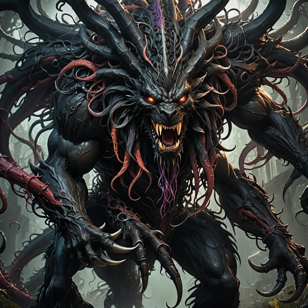 A standing, humanoid Black beast with: one large mouth, fill...