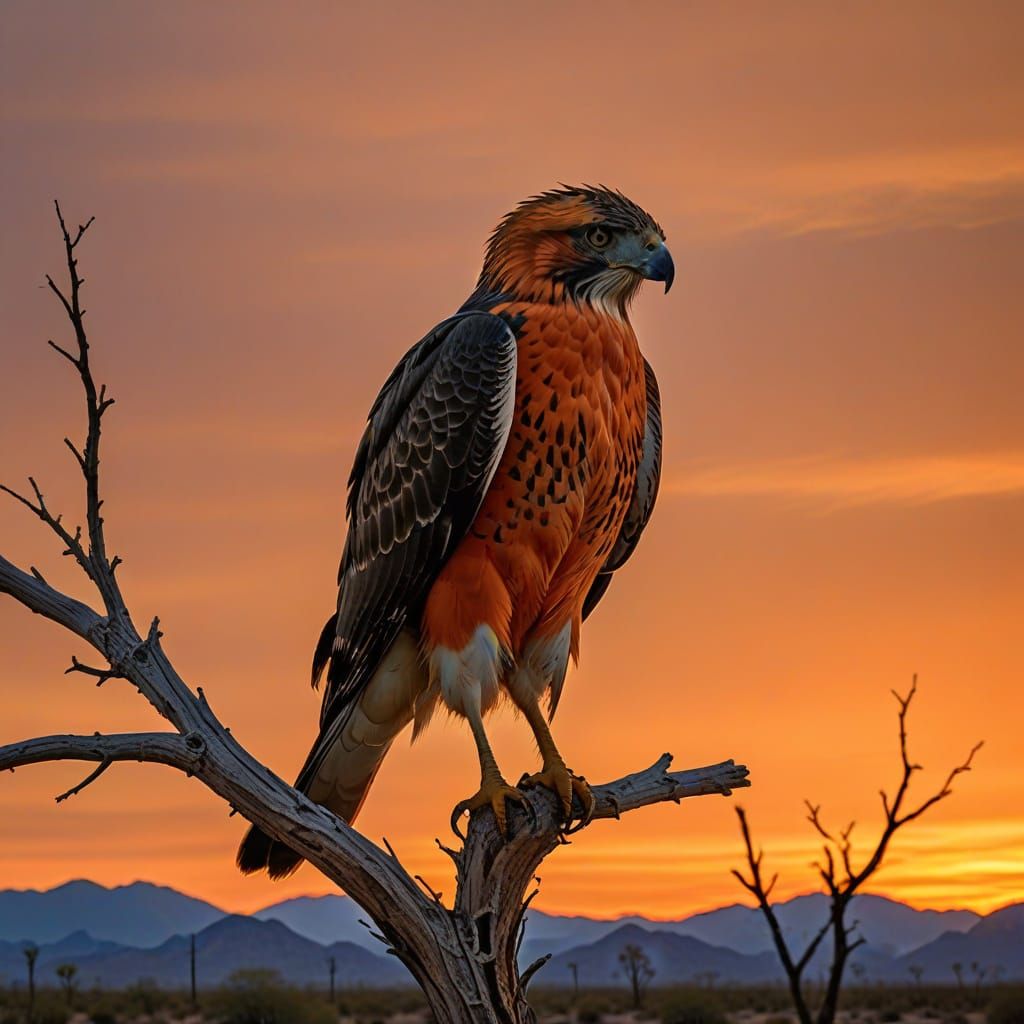 Hawk on Broken Branch at Sunset in Desert