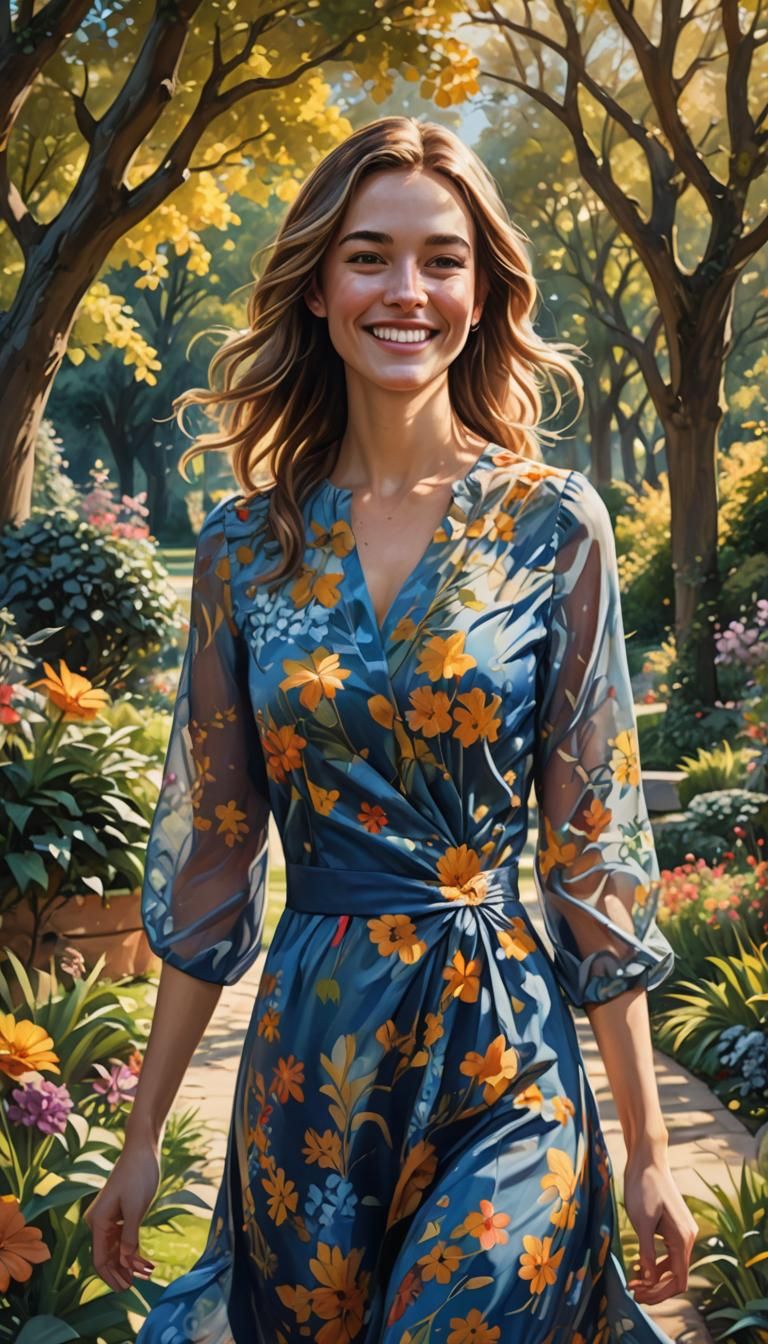 Woman in Blue Dress Walking Through Garden