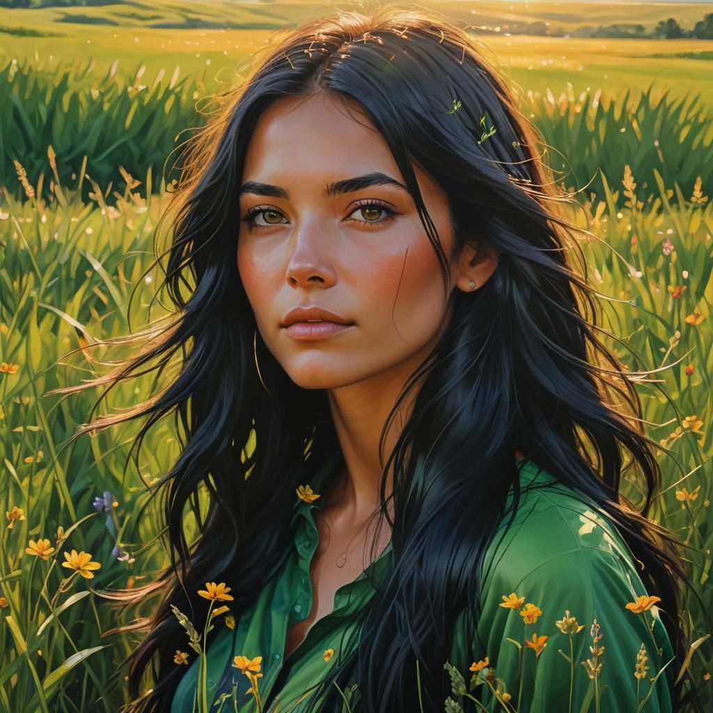 Beautiful Girl in Green Field: Hyperrealistic Concept Art
