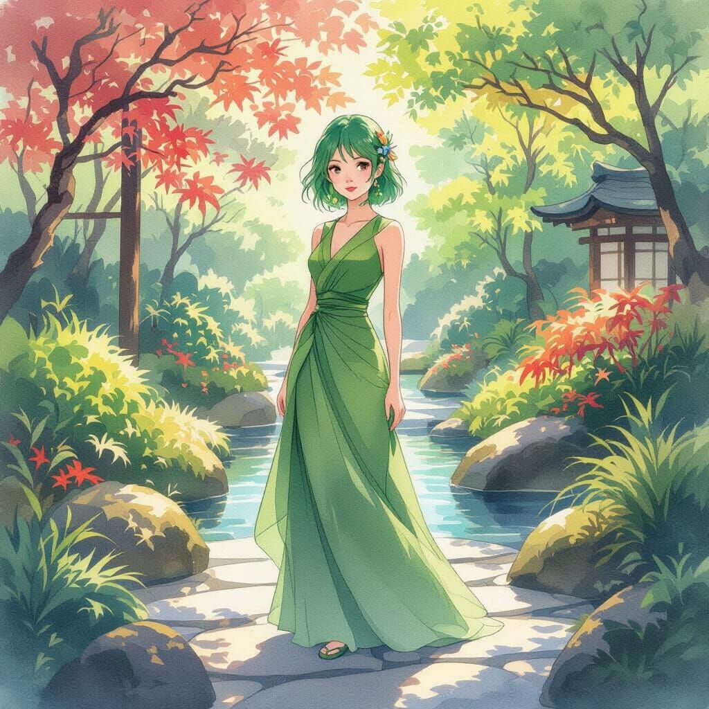 Green-Haired Woman in Japanese Garden, Anime Style