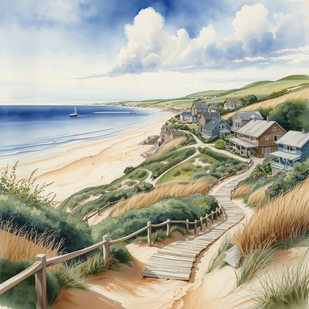 Watercolor Village on the Seaside Hill