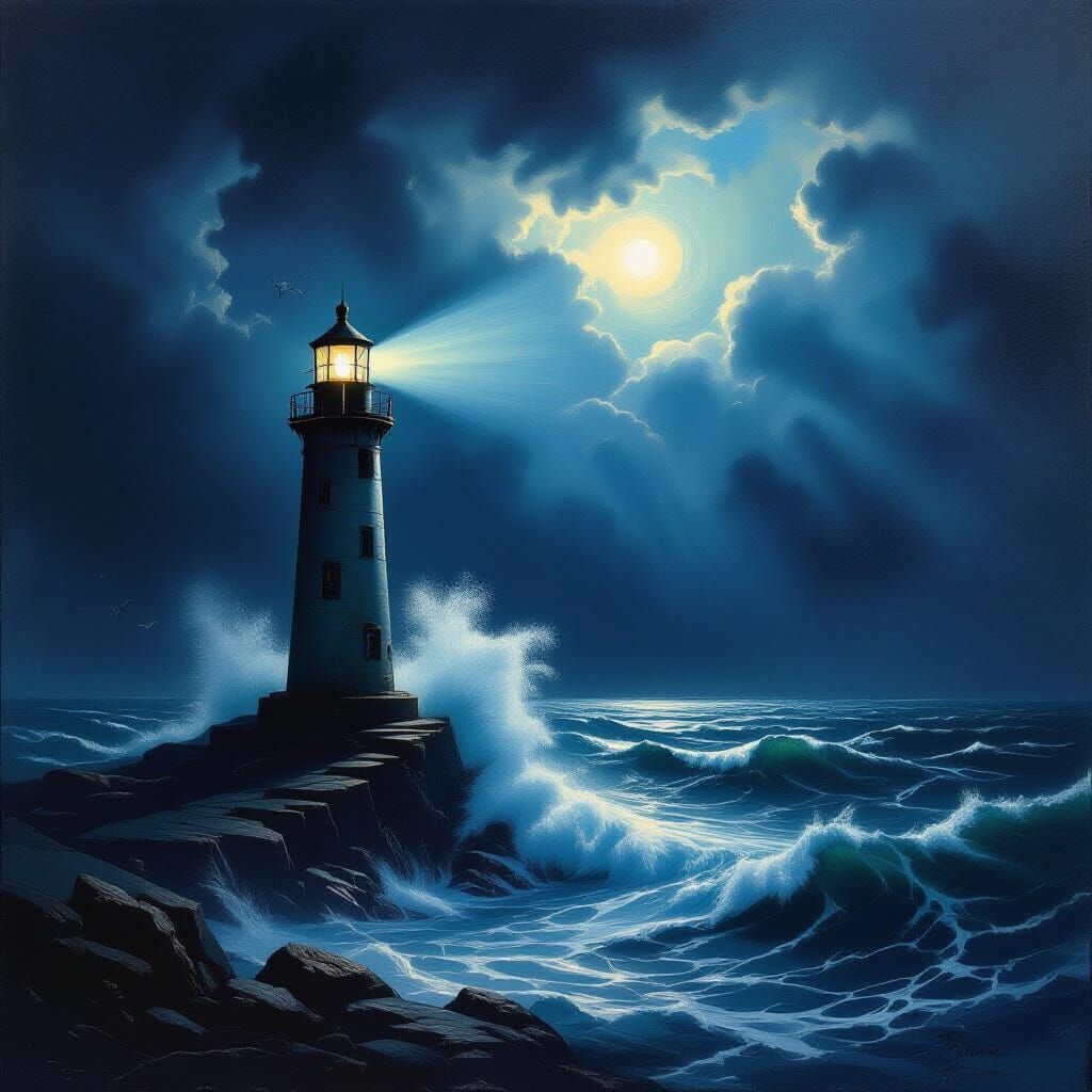 Lighthouse Beam Sweeps Stormy Sea in Dramatic Oil Painting