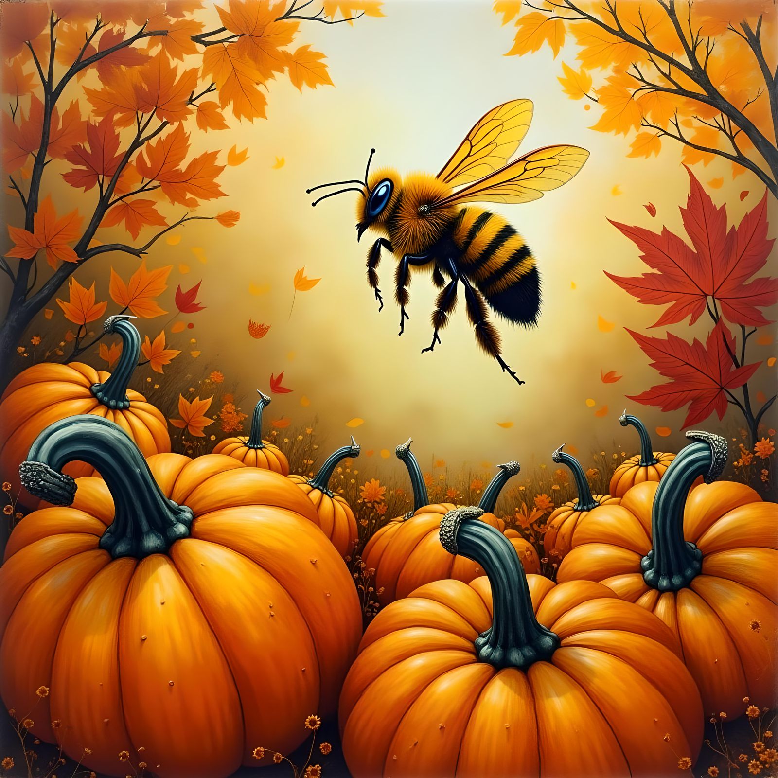 Bee Flight Over Autumn Pumpkin Patch