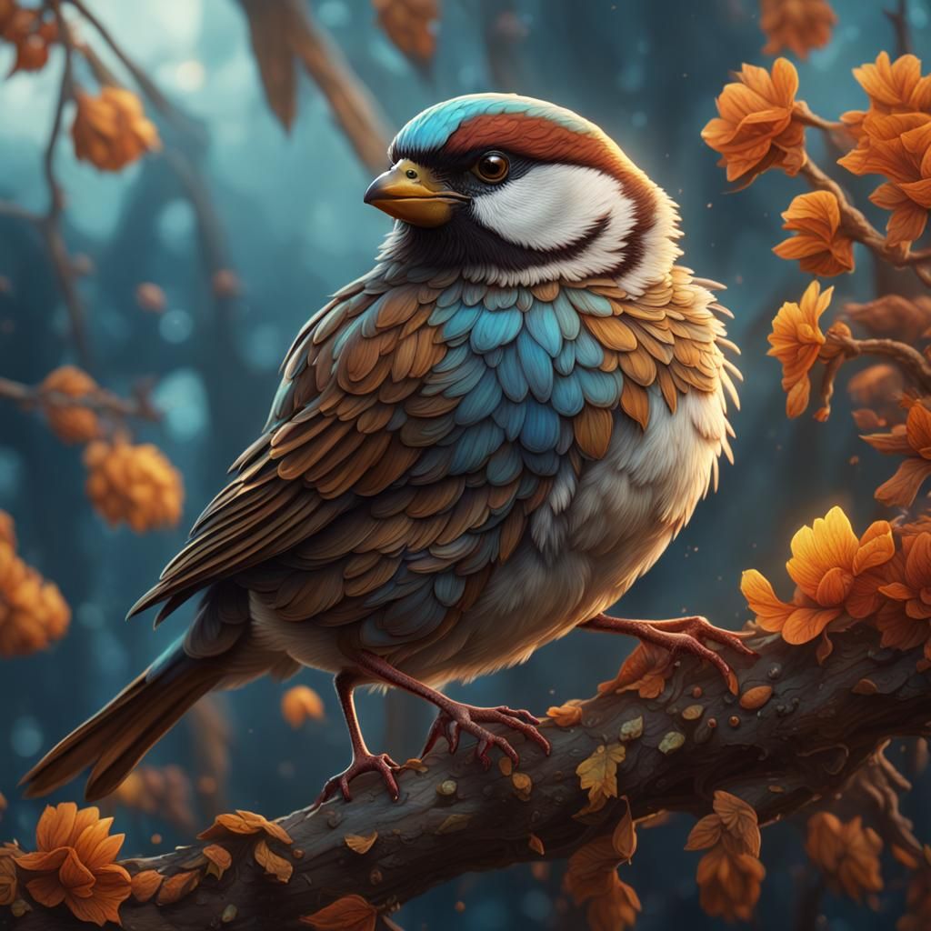 Happy Sparrow Bird in Detailed Matte Painting