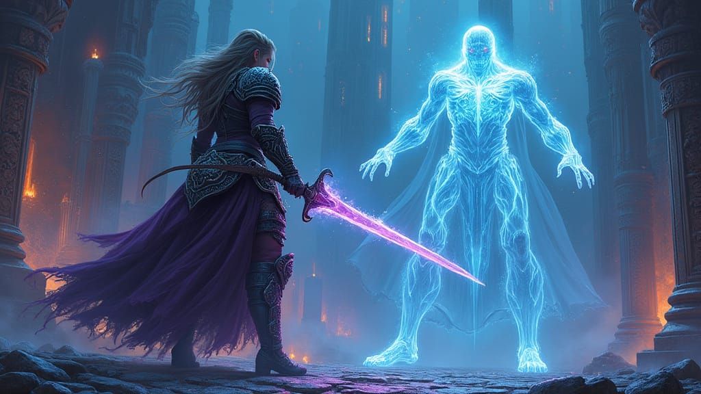 Nord Warrior Woman Battles Ghost in Gothic Future