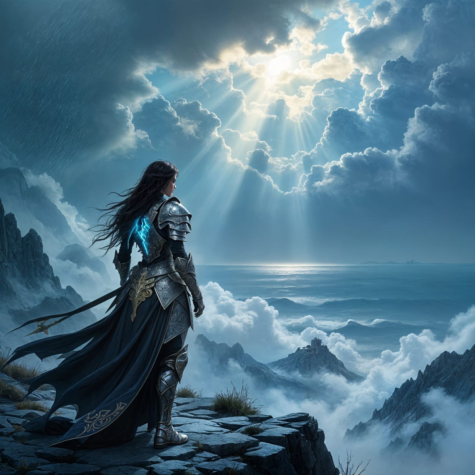 Lone Knight on Mountain Peak in Dark Fantasy Style