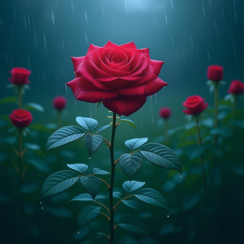 Lonely Rose Stands Tall in Pouring Rain