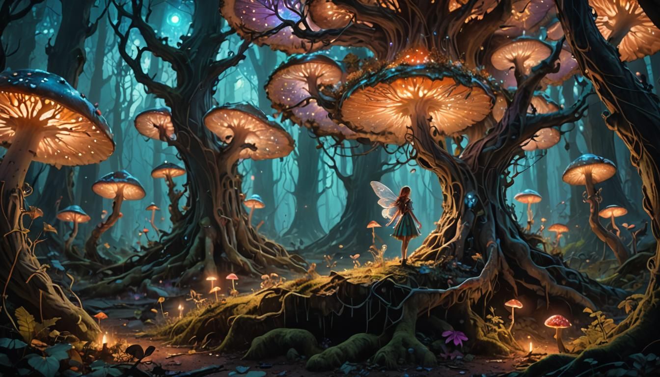 Fairy in Haunted Forest with Glowing Mushrooms