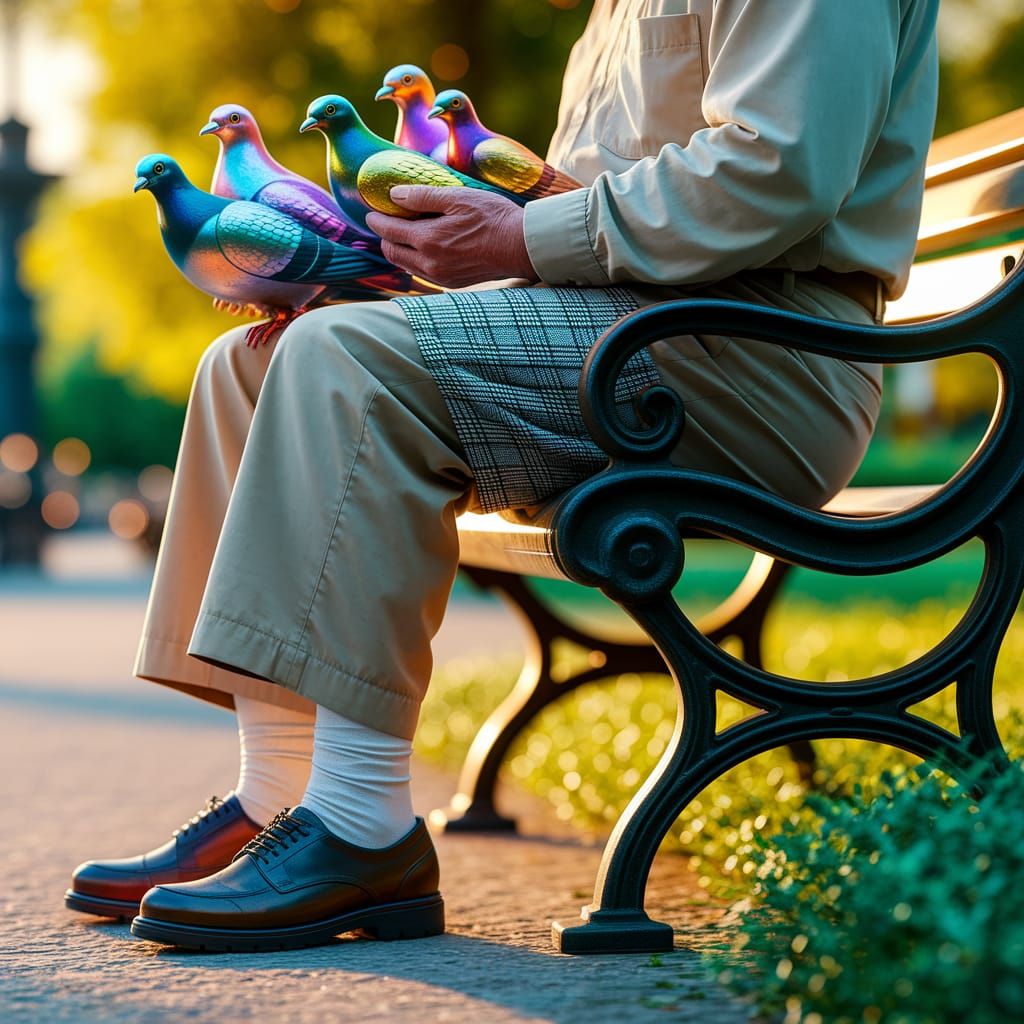 Elderly Gentleman Feeds Colorful Mechanical Pigeons in a Pea...