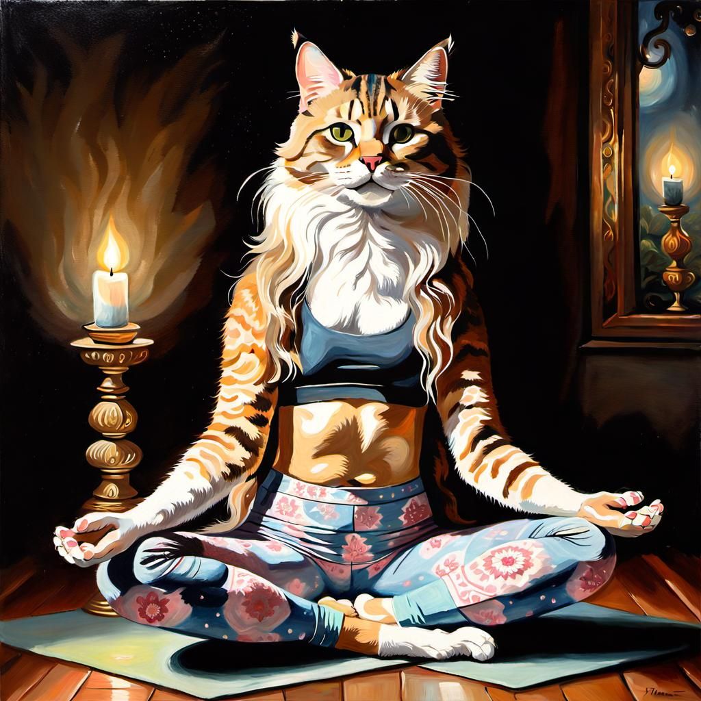 Cat Doing Yoga: Oil Painting in Candlelight