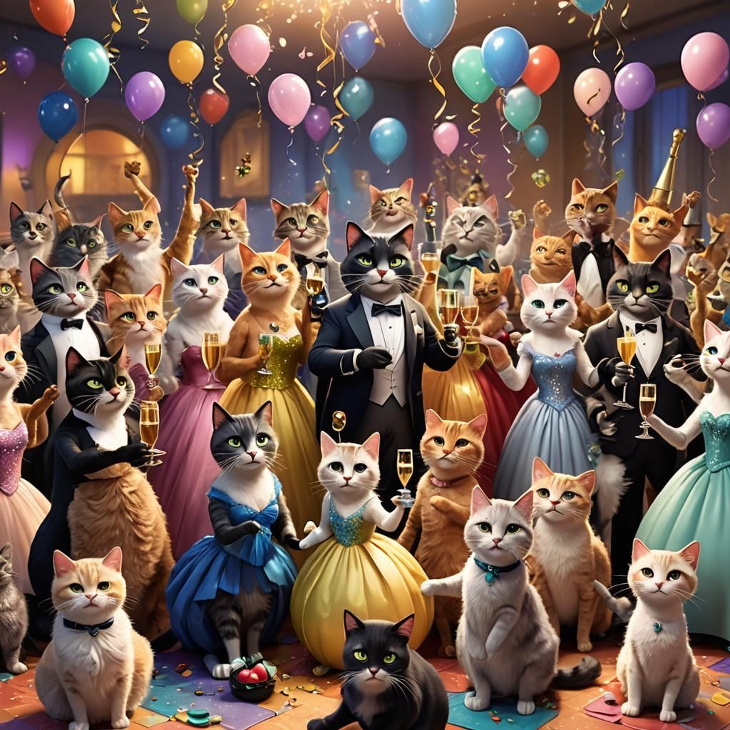 Cats in Ball Gowns at Soiree Party, 3D Art
