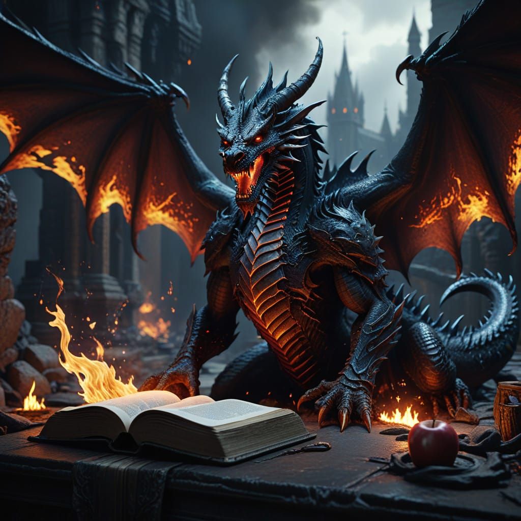 Dark Fantasy Demon Dragon in Great Black Fire, Under World o...