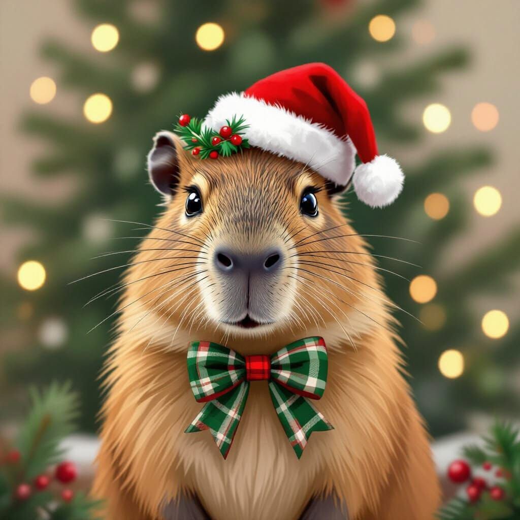 Charming Capybara in Christmas Bow and Santa Hat