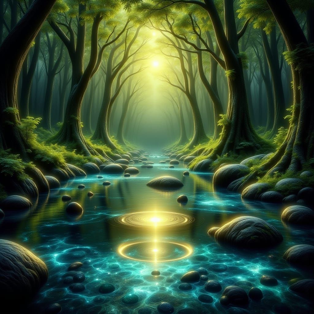 Enchanted Forest with Pools and Glowing Ring