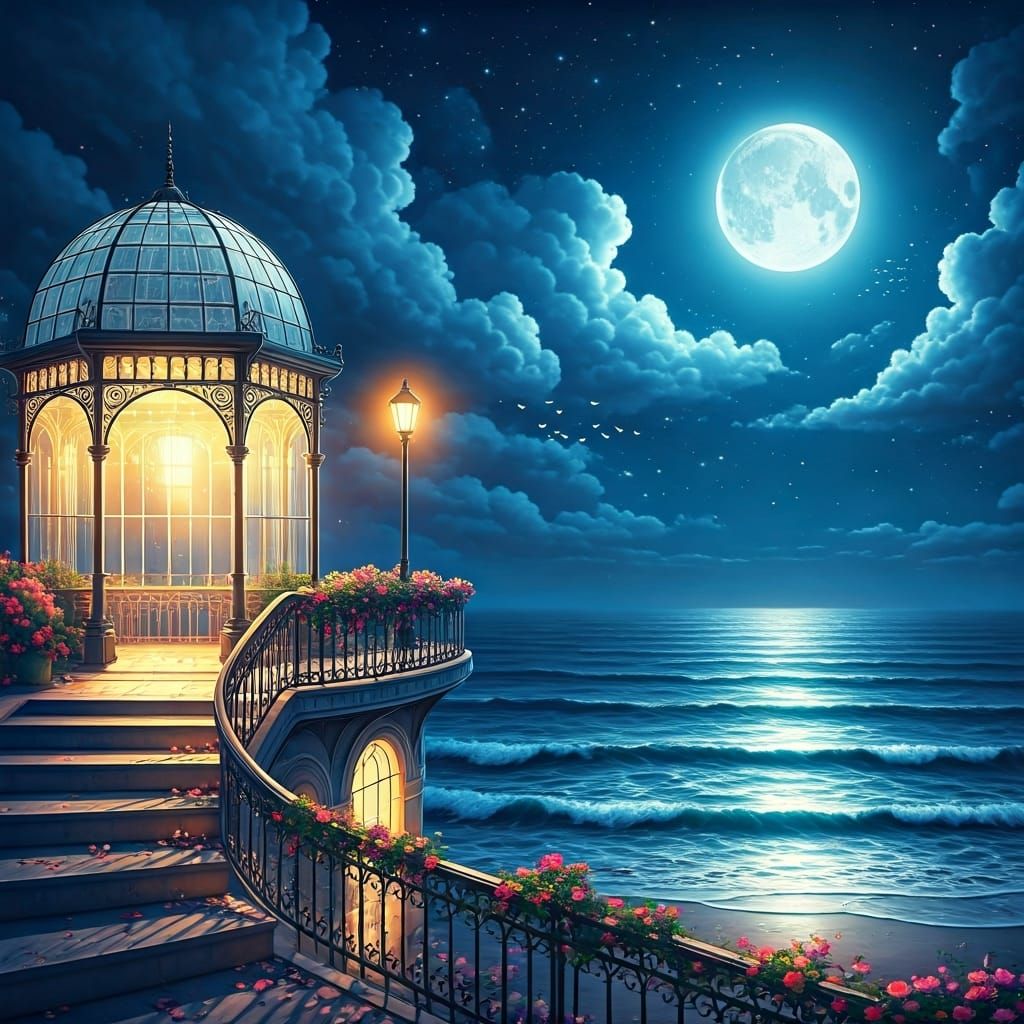 Magical Night Scene with Gazebo Overlooking Ocean