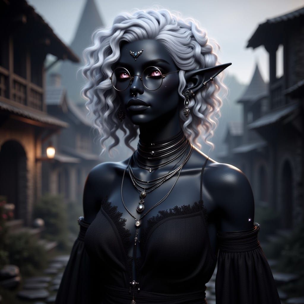 Drow Woman in Ancient Village, Dramatic Lighting
