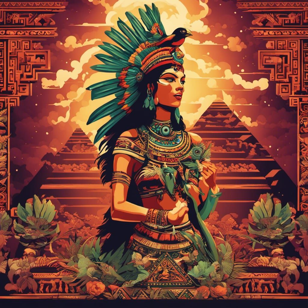 Aztec Goddess with Quetzal Bird and Pyramid