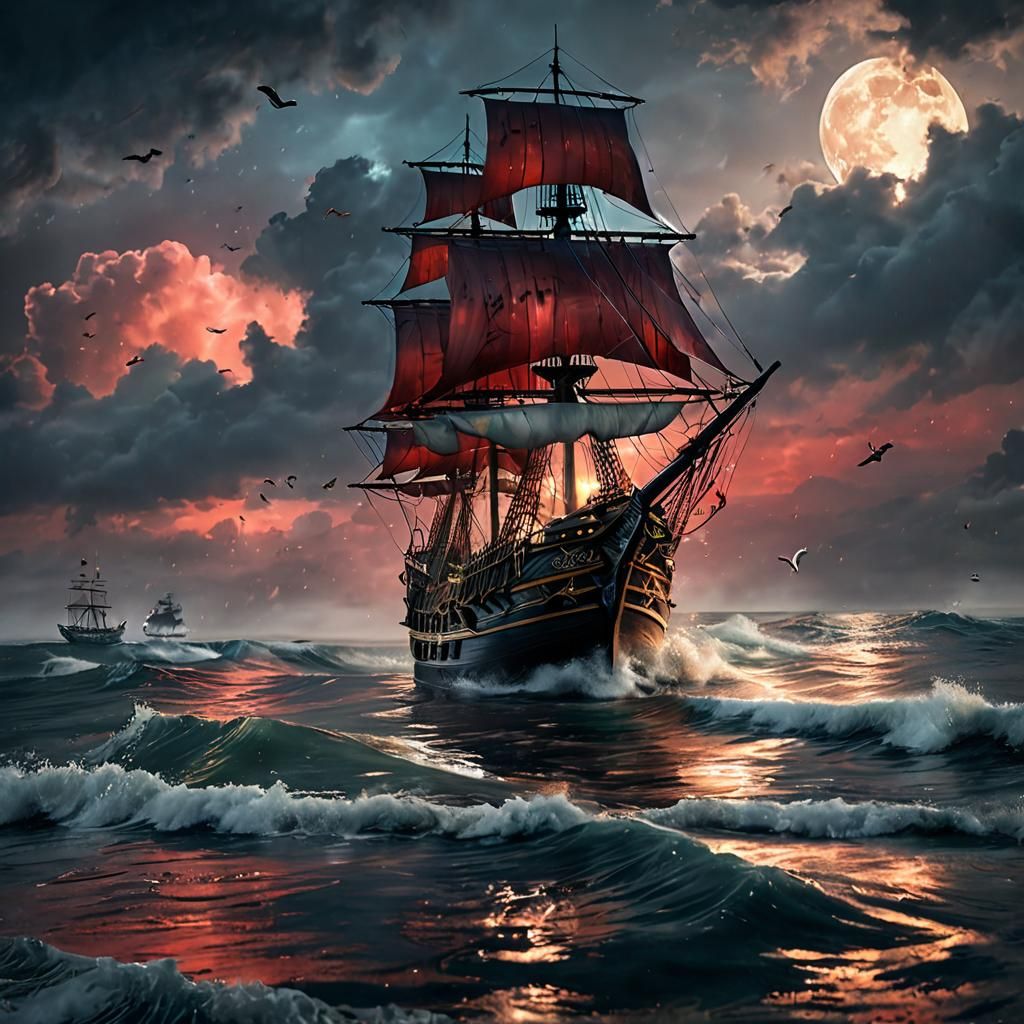 Pirate Ship in Red Rain Seascape
