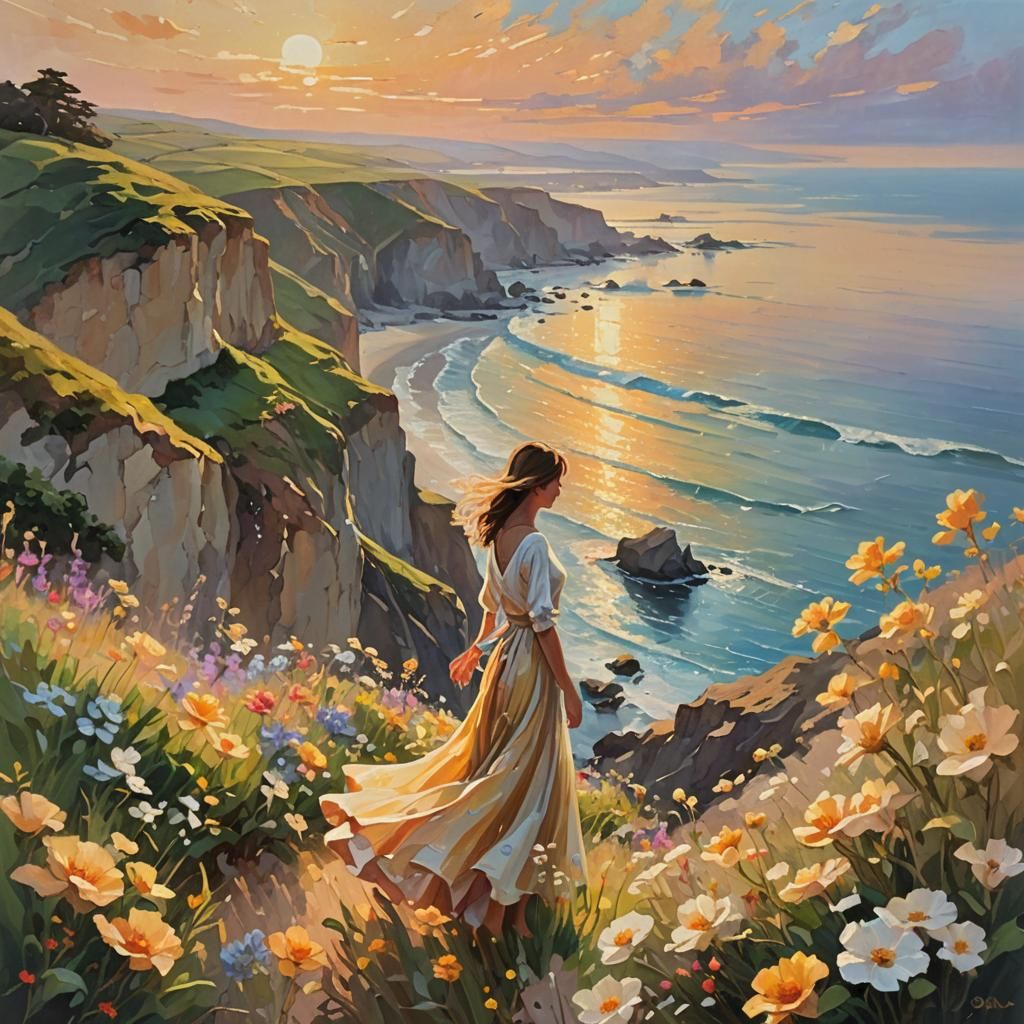 Impressionist Woman with Flowers at Sunset Beach