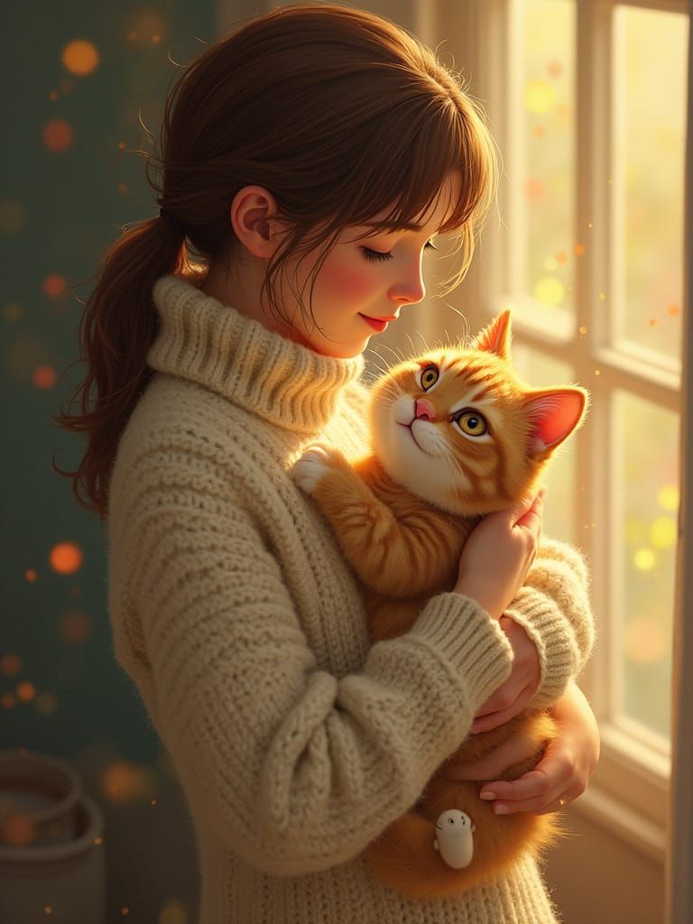 Woman and Cat Embrace in Storybook Style