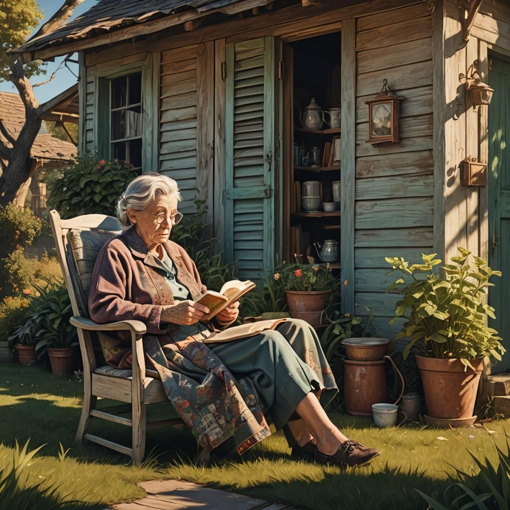 Whimsical Old Woman Reading: Fantasy Illustration