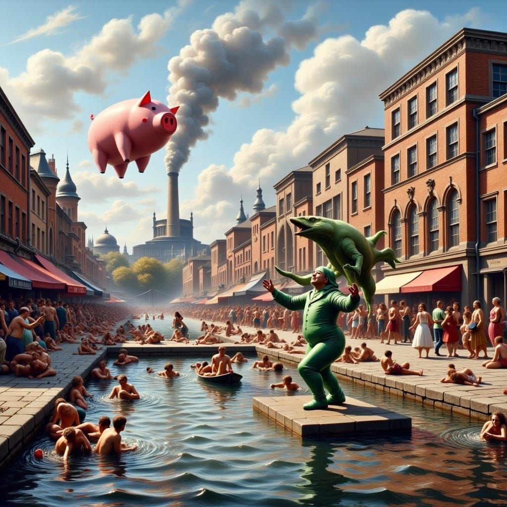 Lively Street Scene with Reflecting Pool in Romantic Style