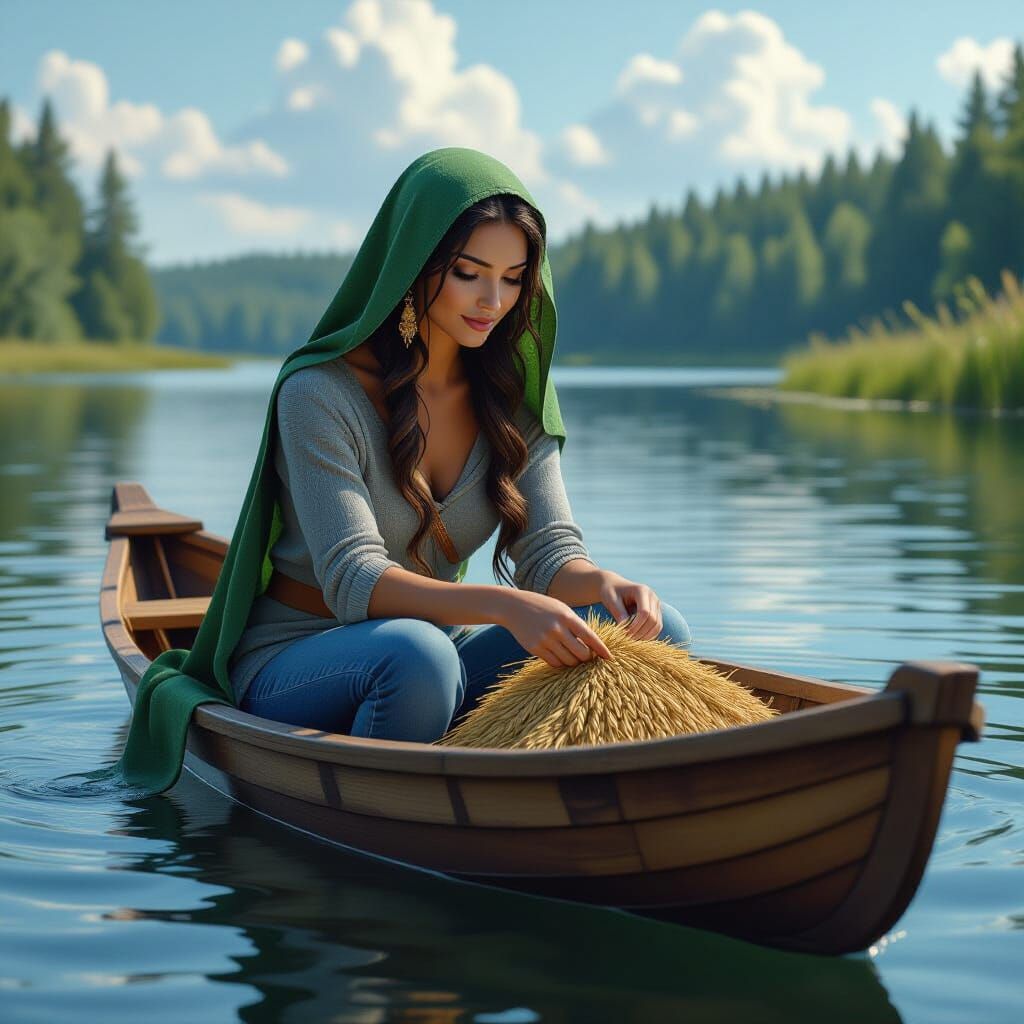 Minnesota Goddess of Wild Rice Collecting in Boat