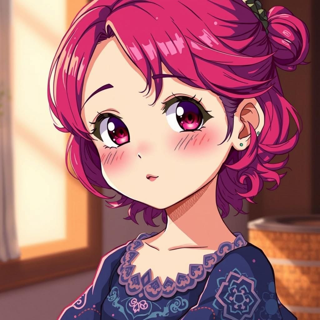 Magenta-Haired Girl in Indigo Dress, Anime Style