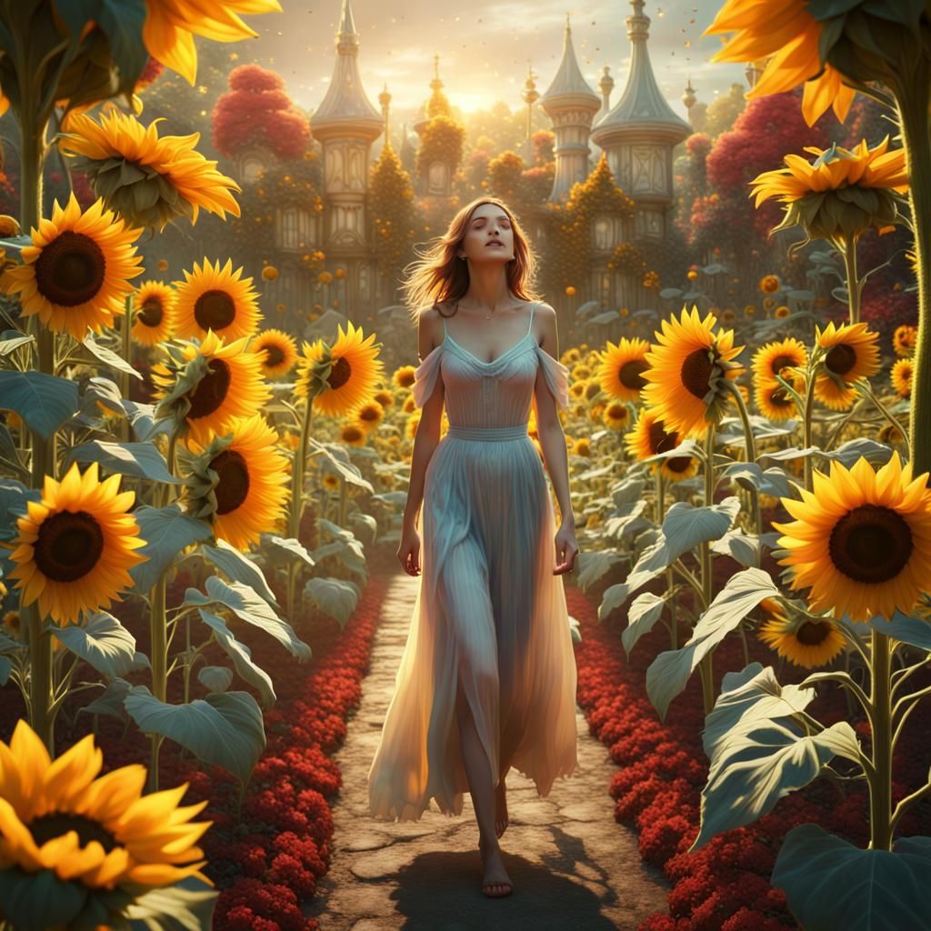 Woman in a Glowing Sunflower Garden