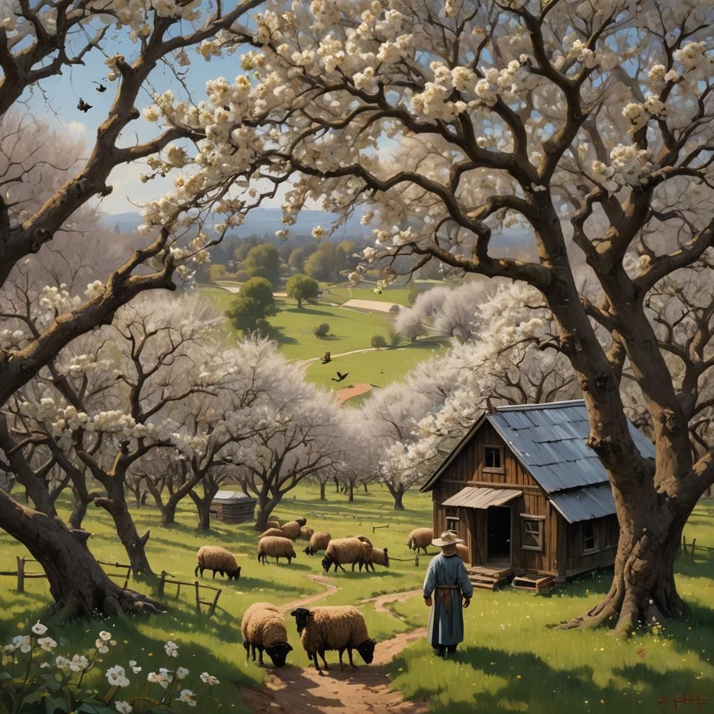 Sinister Orchard Scene with Sheep, Digital Painting