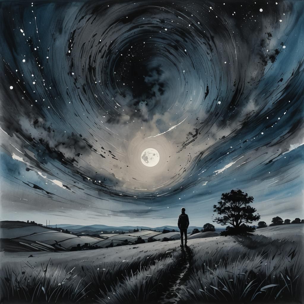 Moonlit Landscape in Modern Ink Painting Style