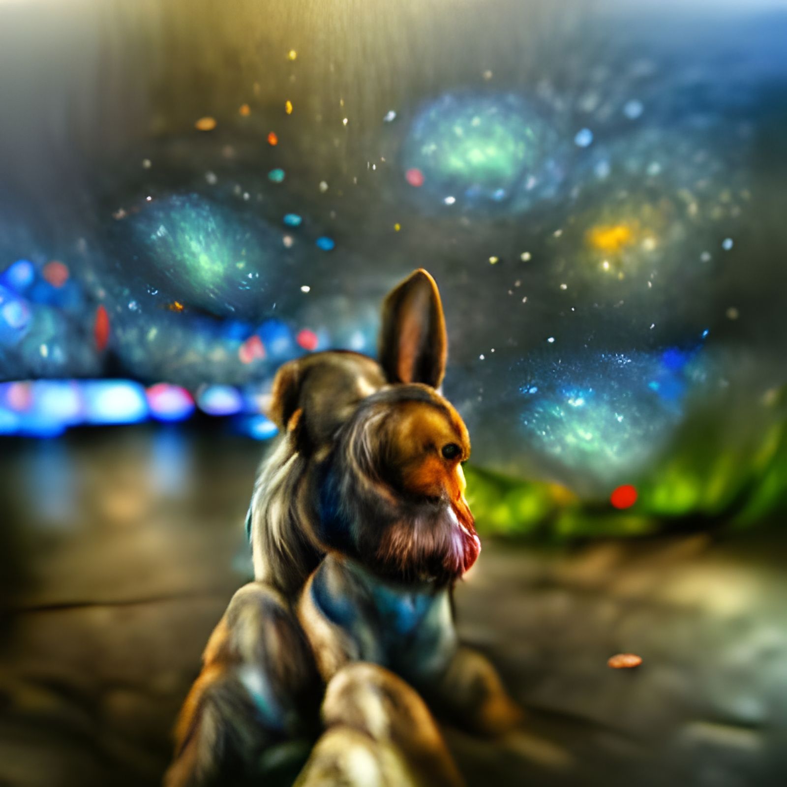 Hyperrealistic Galaxy Dog with Bokeh Effect
