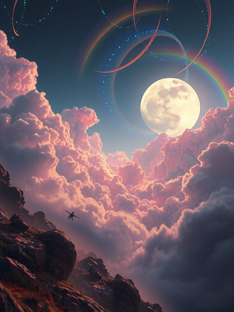 Dreamlike Fantasy Landscape with Two Glowing Moons