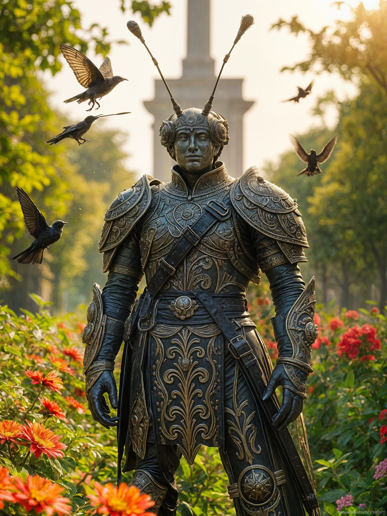 Realistic sculpture of a towering monument, medium shot, a p...