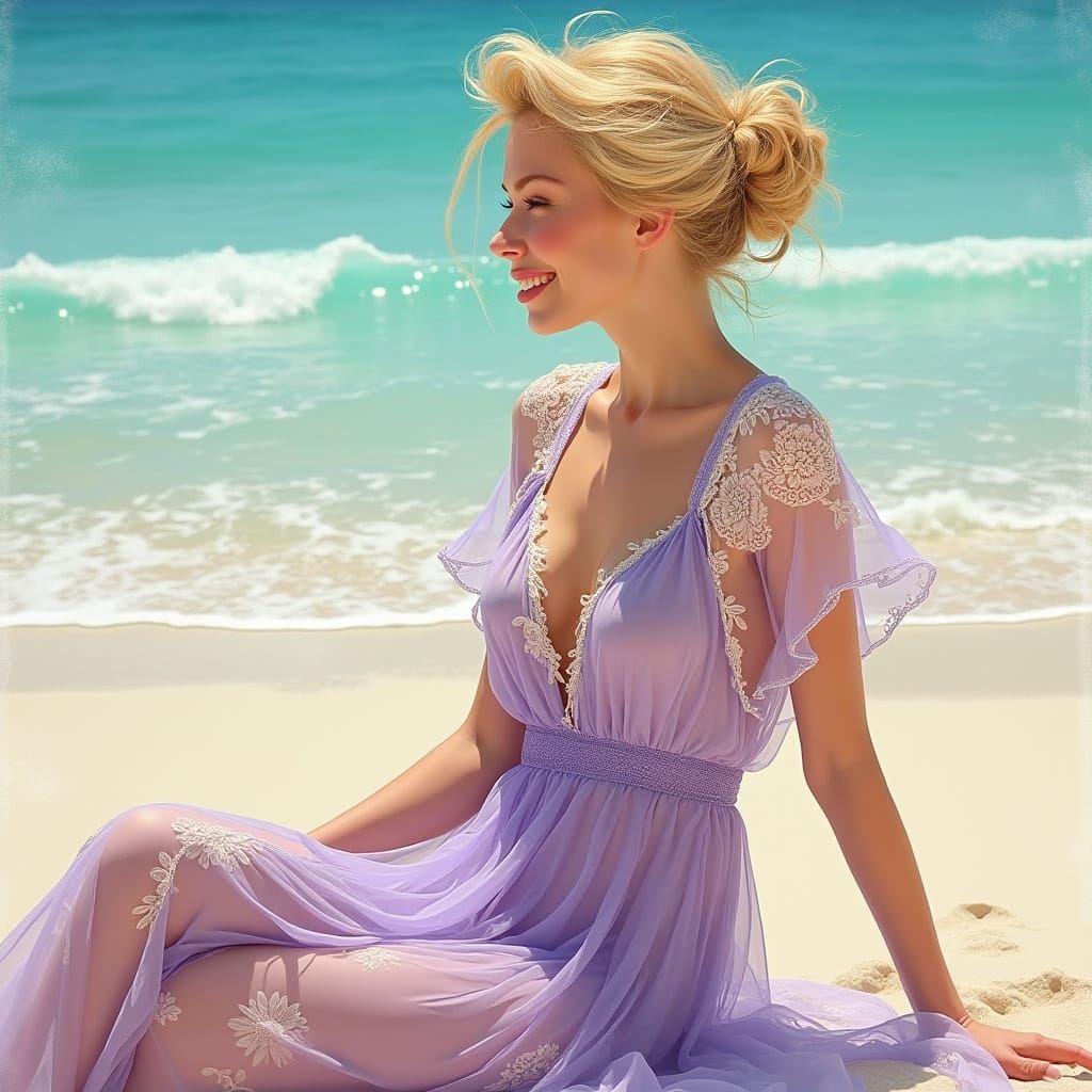 Elegant Woman on Beach in Art Nouveau Style
