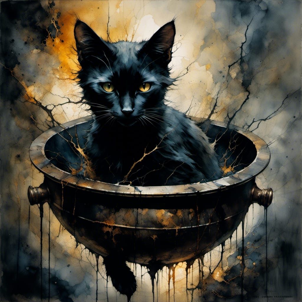 Sinister Black Cat in Cauldron
