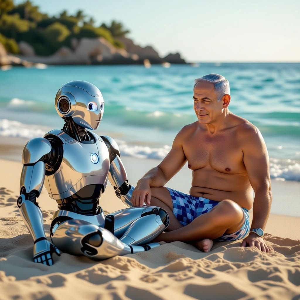 Netanyahu Tanning on Beach With Robot Companion