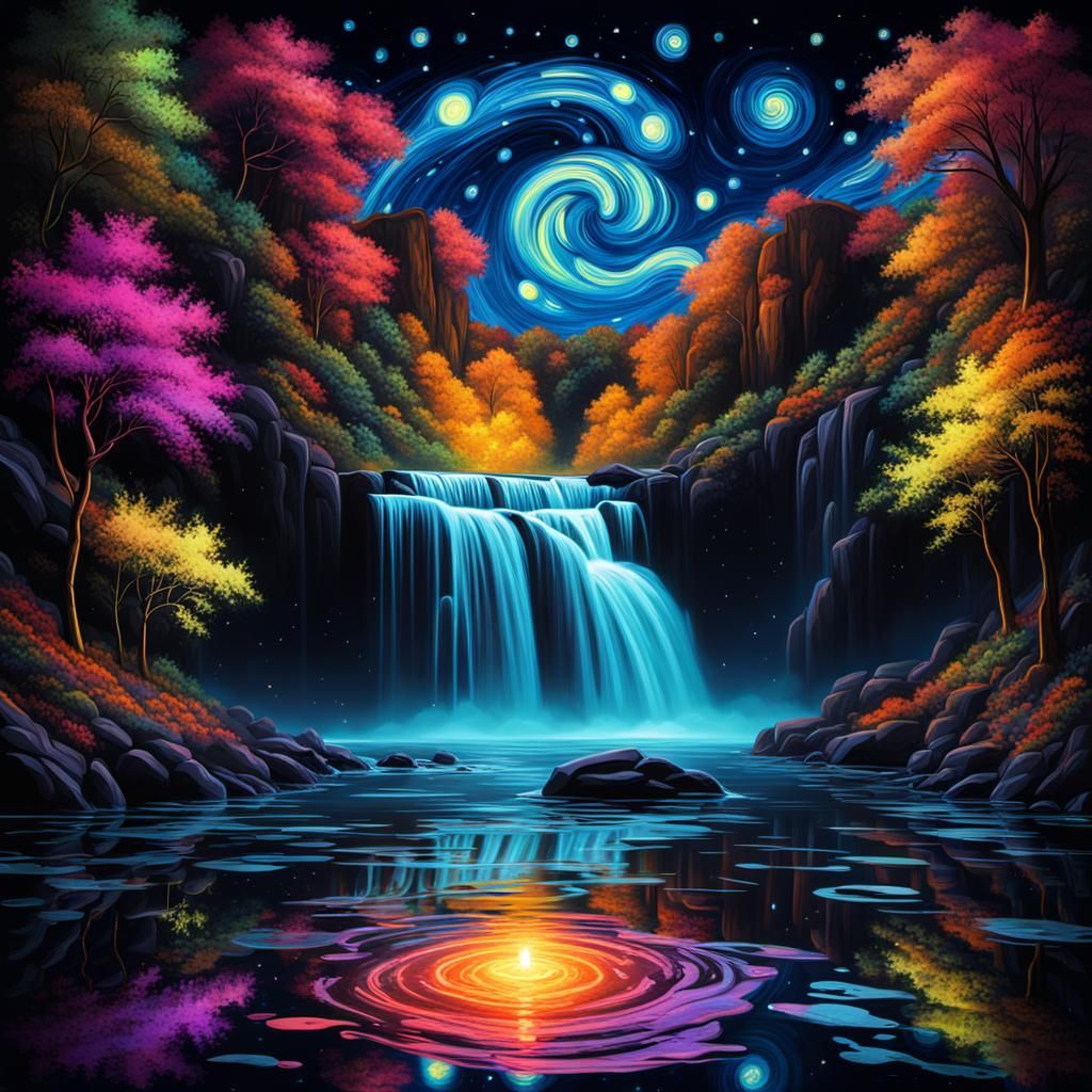 Neon Starry Night with beautiful Waterfall.