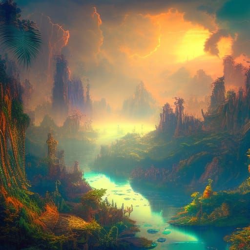 Steampunk Jungle with Sapphire River at Sunset