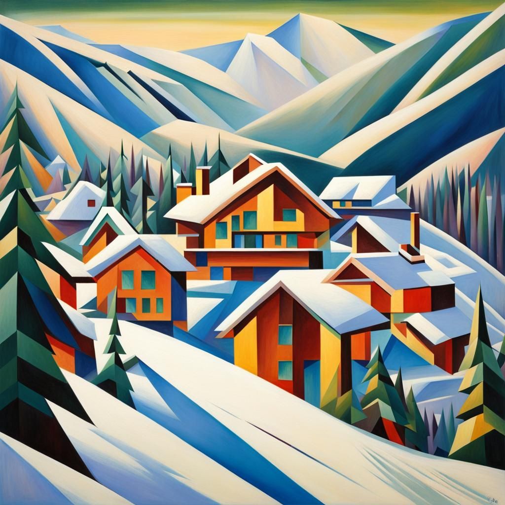 Snowboarding at Mountain Ski Lodge in Cubist Style