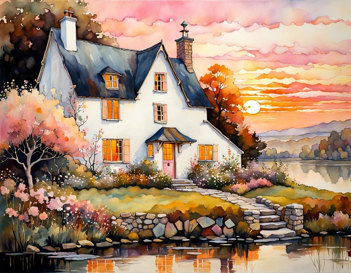 English Cottage Sunrise: Mixed Media Painting