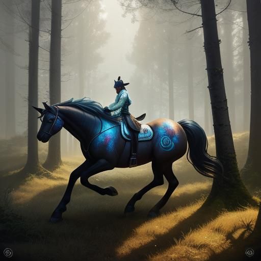 Majestic Horse Runs Through Misty Forest in Anime Style