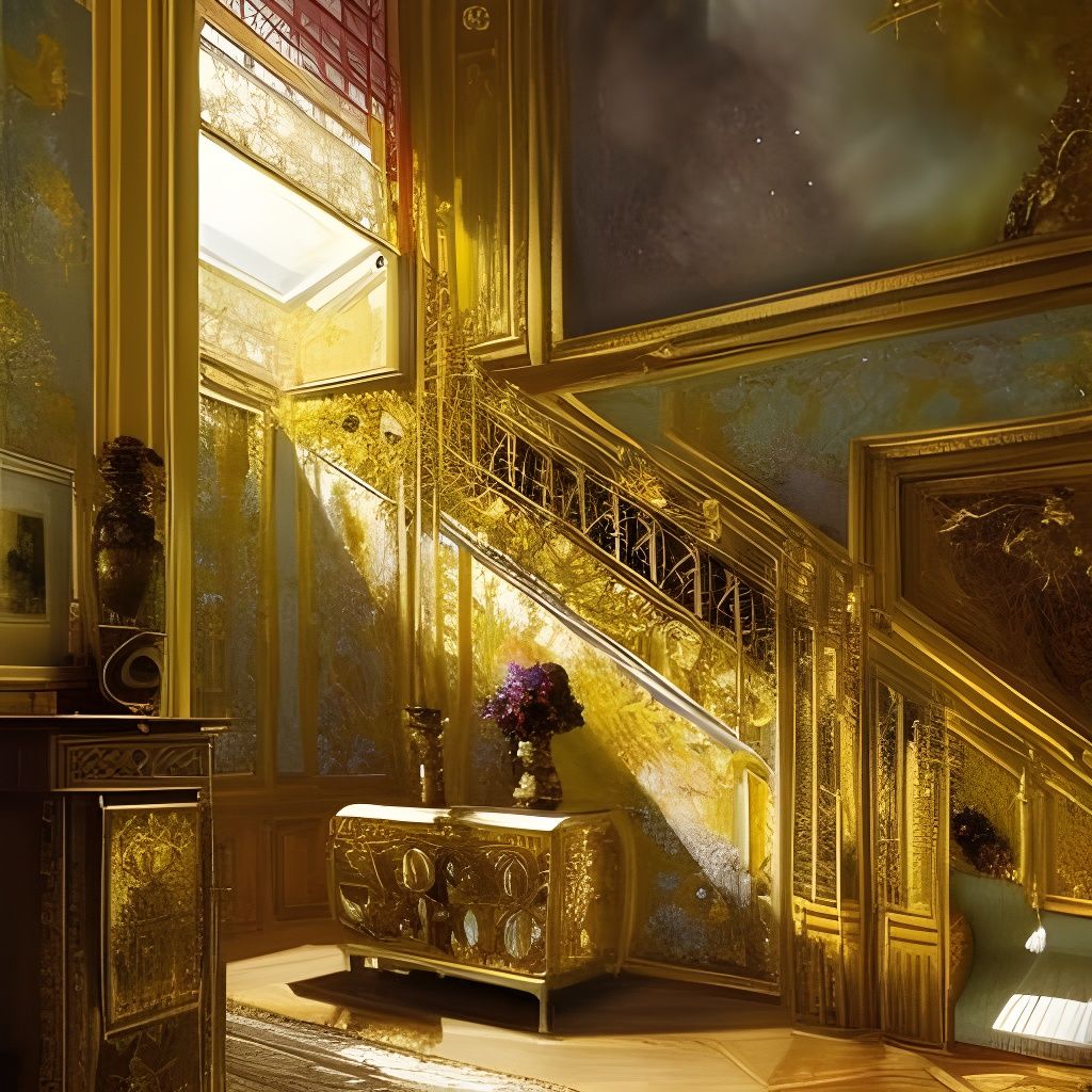 Ornate Golden Clock in Gloomy Palace Hall