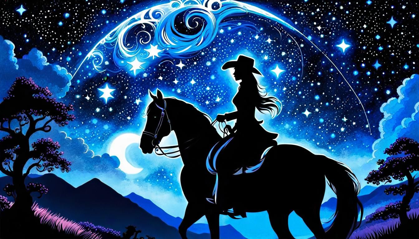 Cowgirl in Starry Wonderland: Fantasy Impressionist Gouache