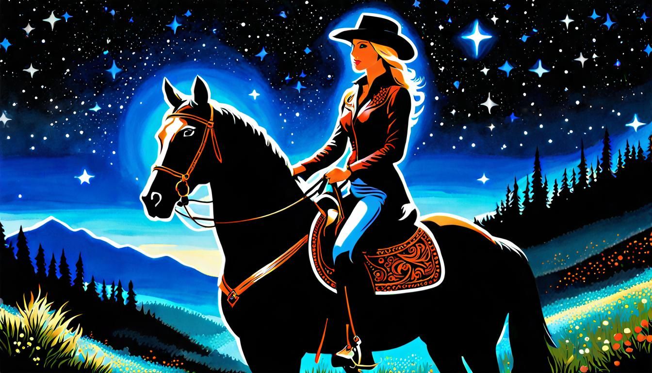 Cowgirl in Starry Wonderland: Impressionist Gouache Painting