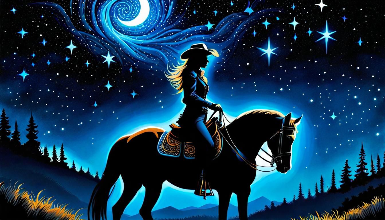 Cowgirl and Horse in Starry Fantasy Wonderland