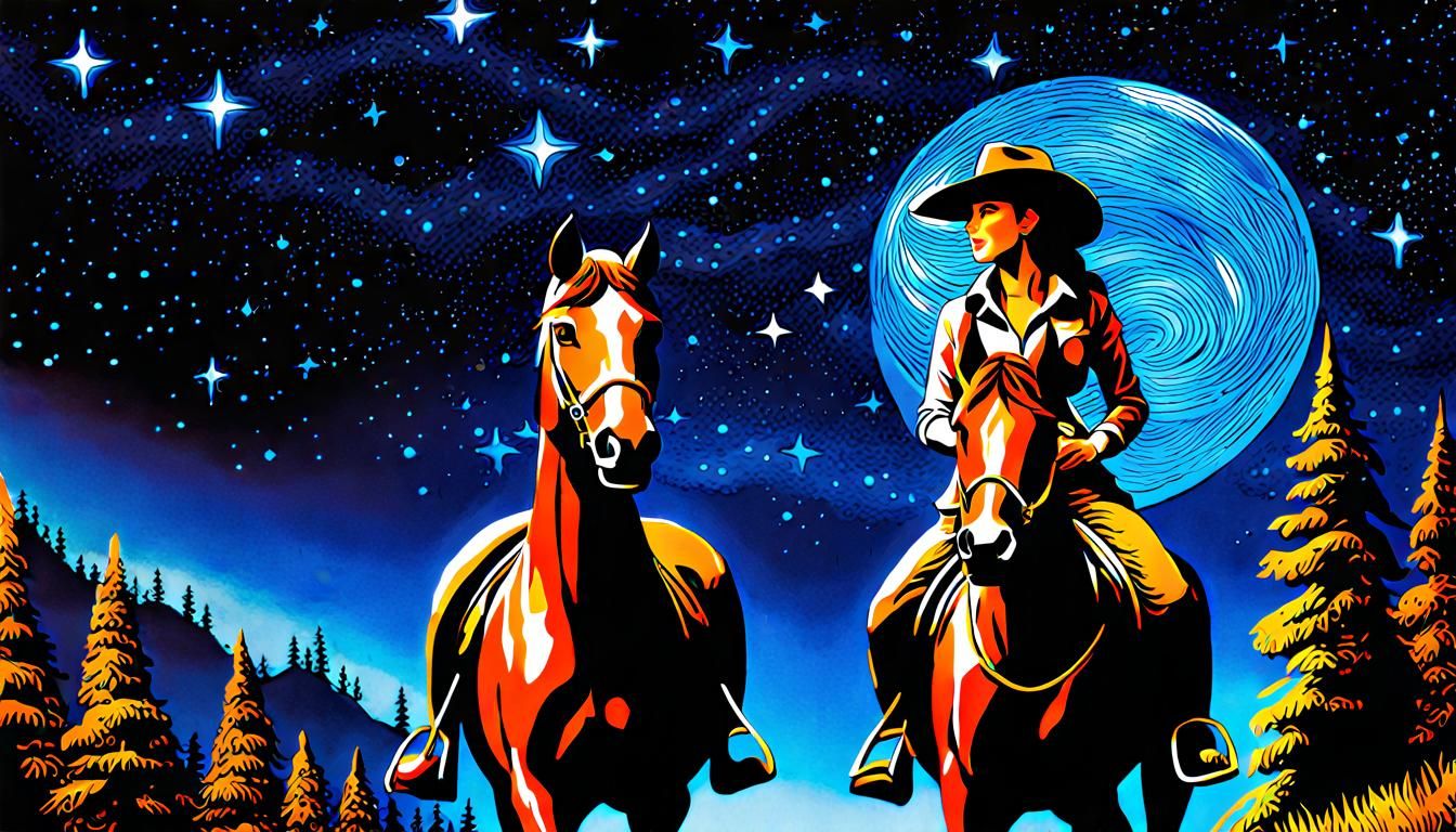 Starry Night Cowgirl in Enchanted Wonderland as Gouache Art