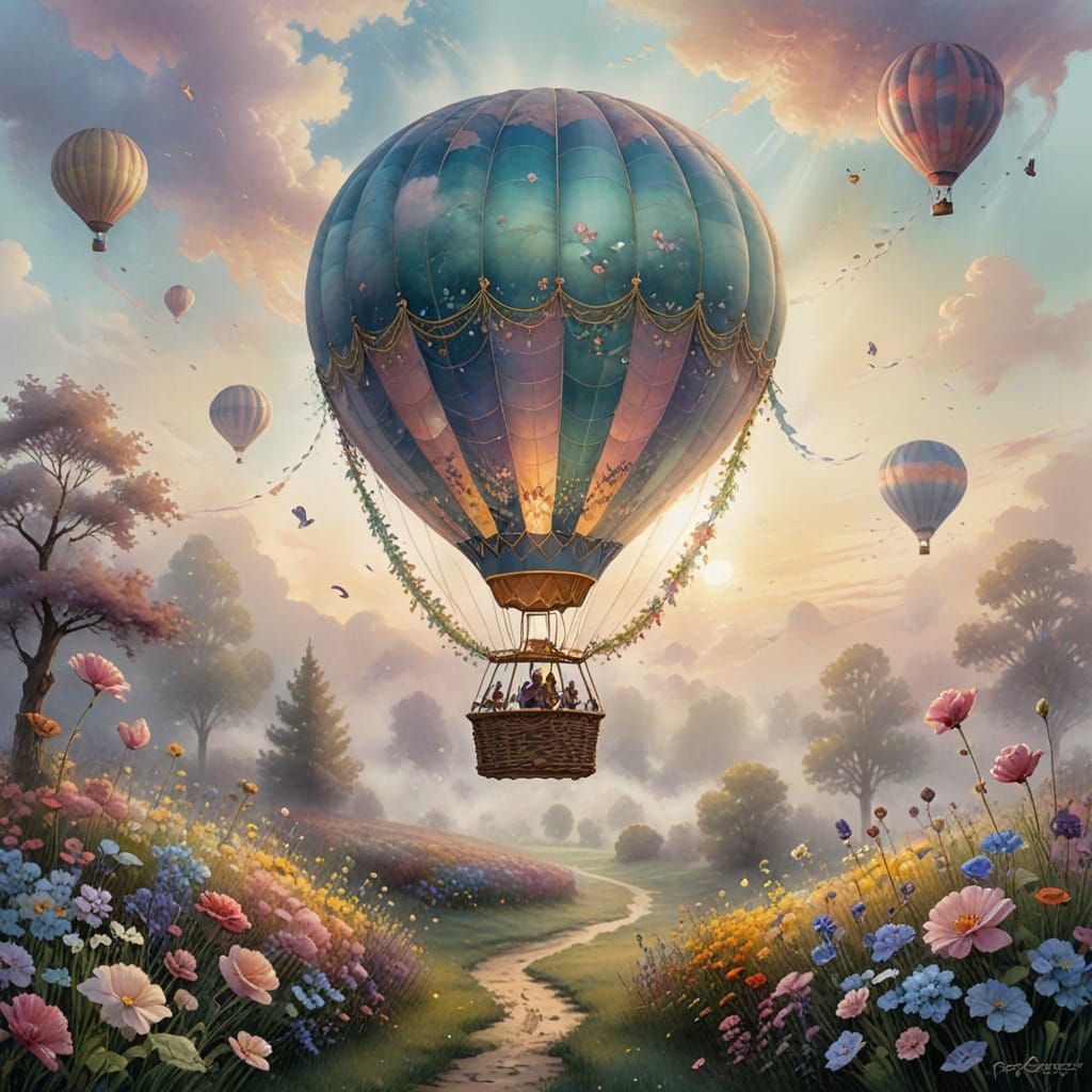 Ethereal Hot Air Balloon Adrift in Mist