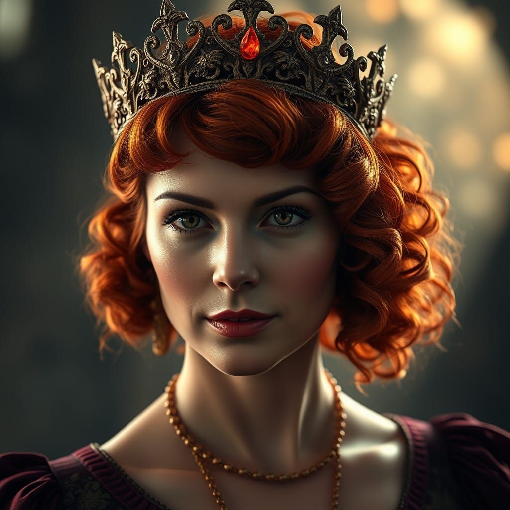 Mystical Noble Woman with Fiery Red Hair and Magic Crown in...